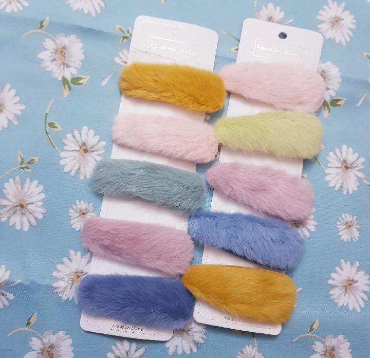 Furry Pastel Hair Clips – Set of 10