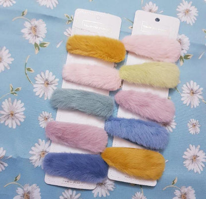 Furry Pastel Hair Clips – Set of 10
